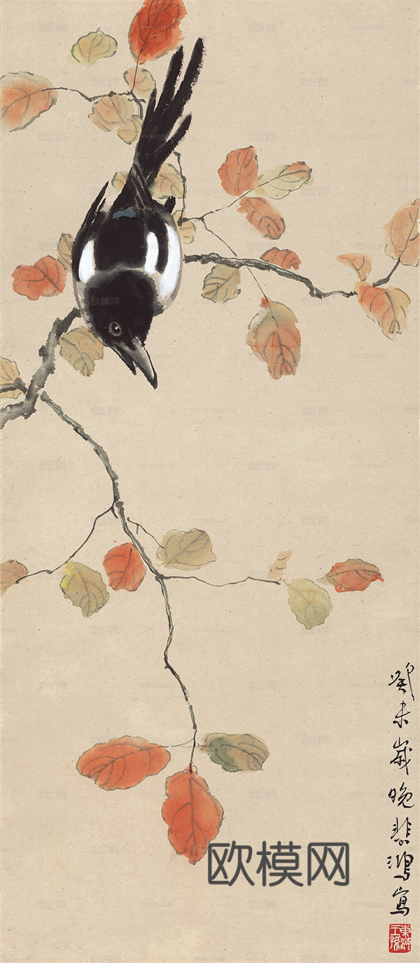 徐悲鸿水墨画，水墨花鸟动物画，近现代水墨画， 晚秋喜鹊图 纸