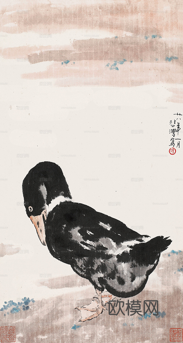 徐悲鸿水墨画，水墨花鸟动物画，近现代水墨画， 鸭--76.2