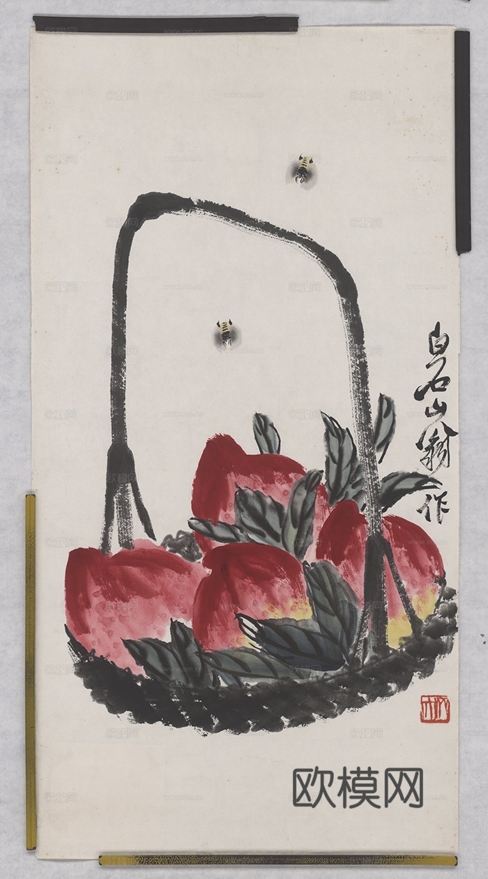 齐白石写意水墨画，近现代水墨画 一篮寿桃
