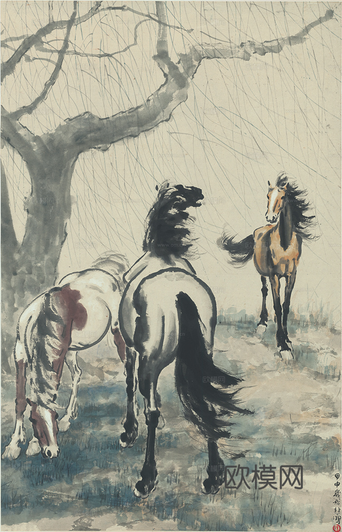 徐悲鸿水墨画，水墨花鸟动物画，近现代水墨画， 三骏图 61x