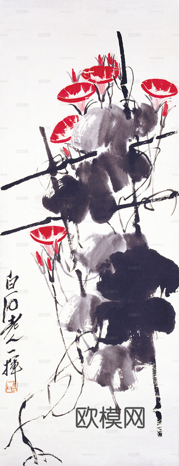 齐白石写意水墨画，近现代水墨画 牵牛花 28x73