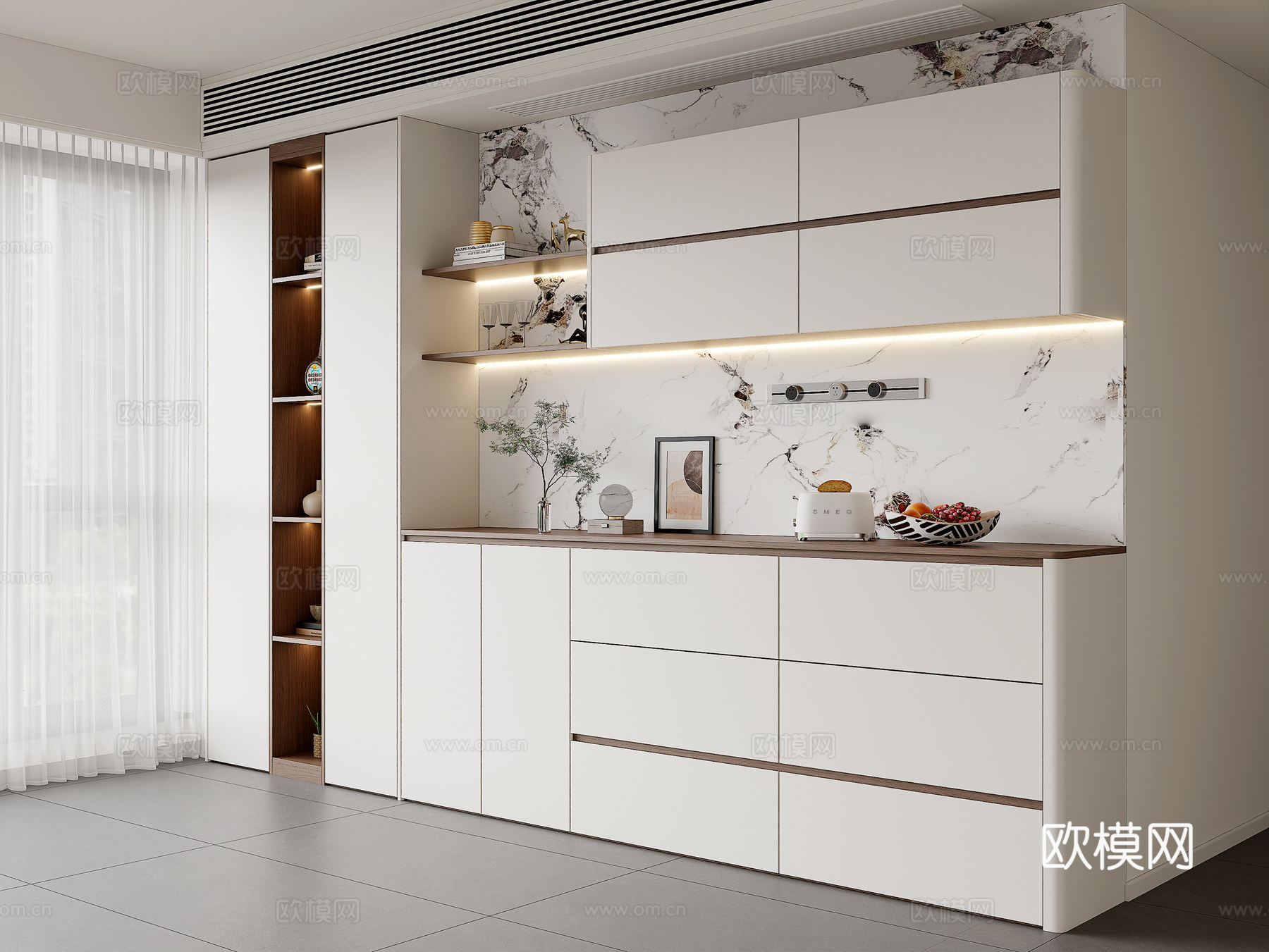 现代餐边柜 酒柜餐边柜 餐厅餐边柜 顶面回风口餐边柜 茶水柜su模型