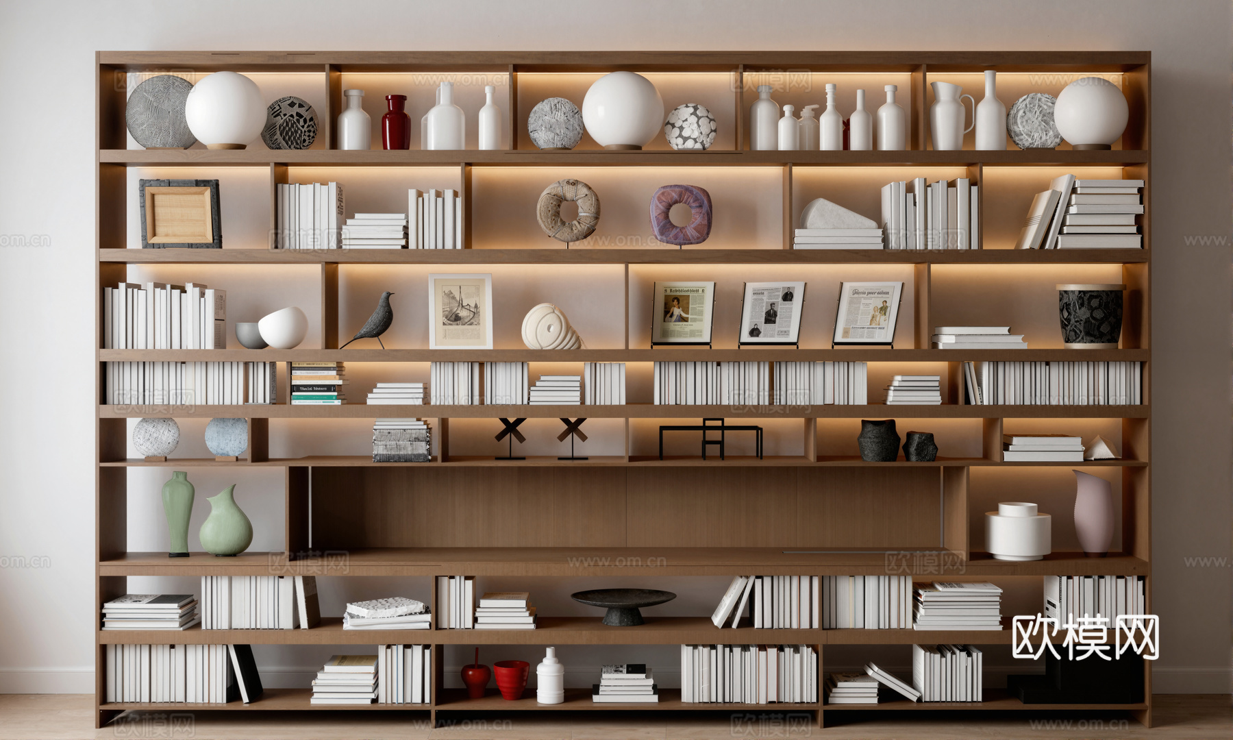 现代书架书籍摆件组合 相框 陶瓶书柜su模型