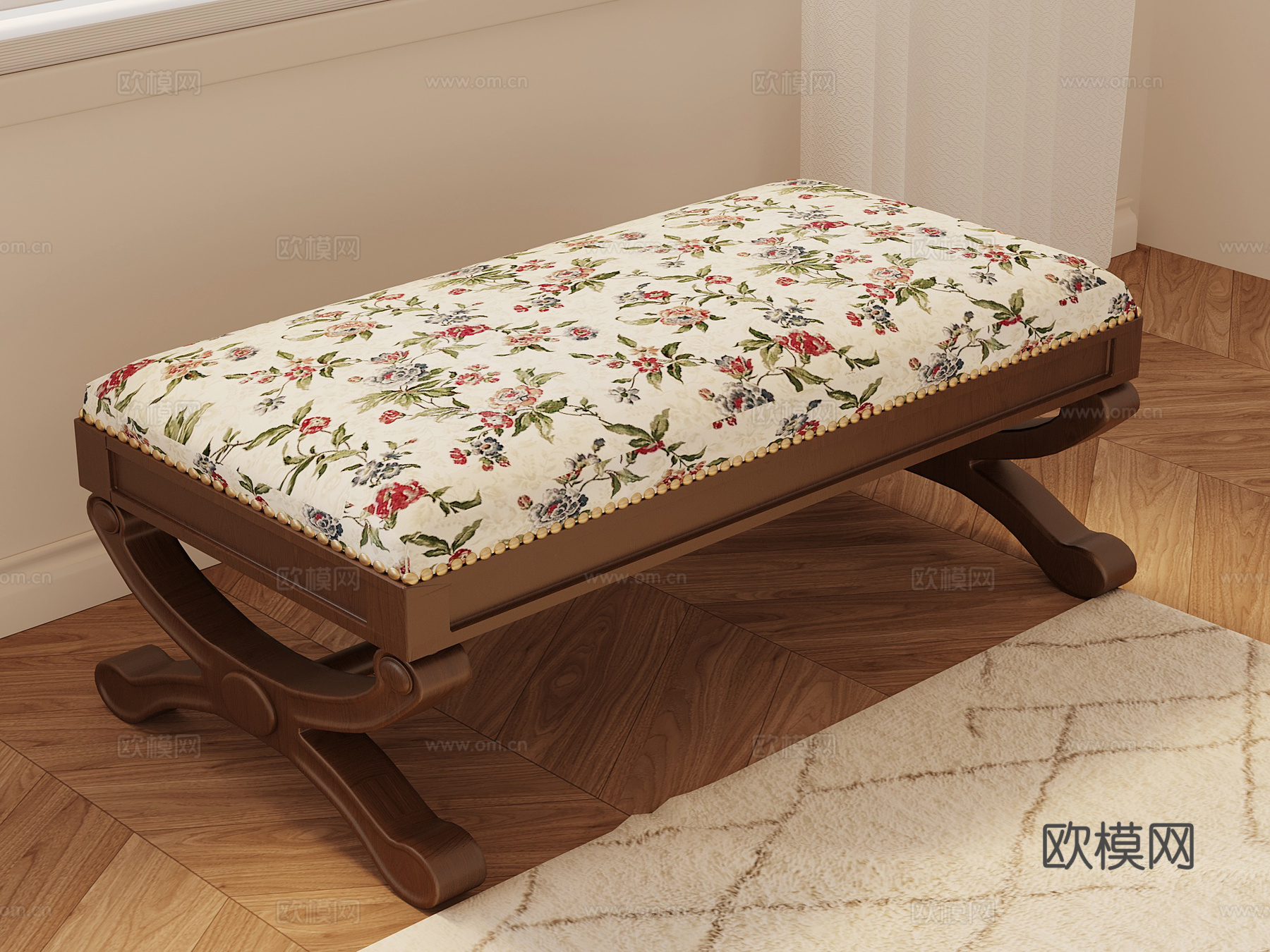 法式复古沙发凳 换鞋凳su模型su模型下载（渲染图1）
