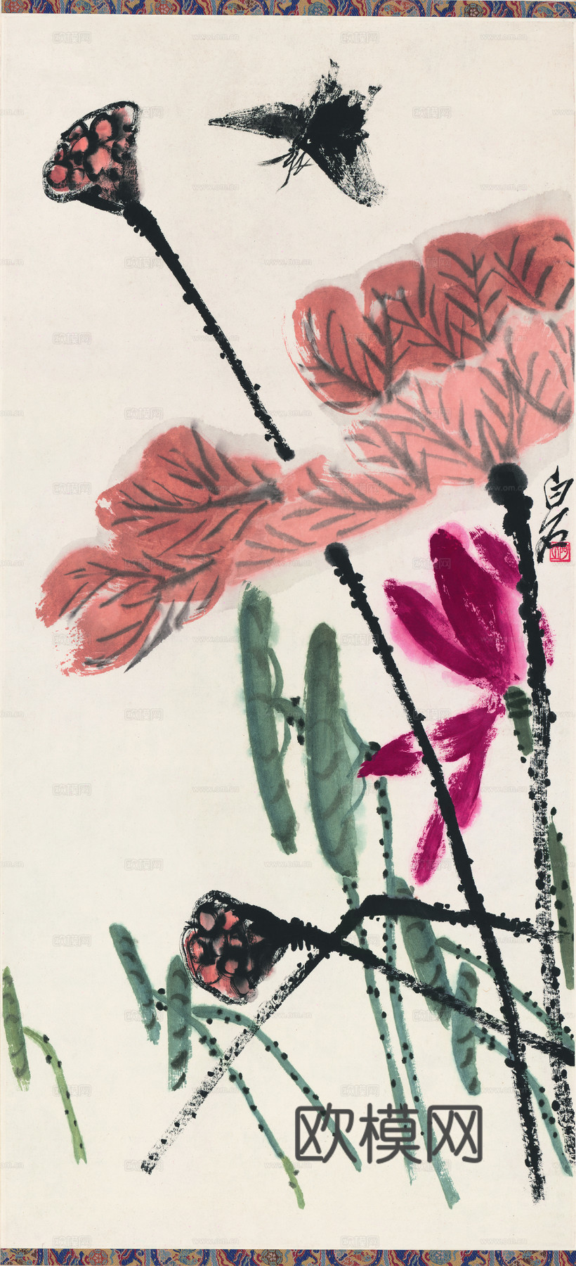 齐白石写意水墨画，近现代水墨画-荷塘墨蝶图