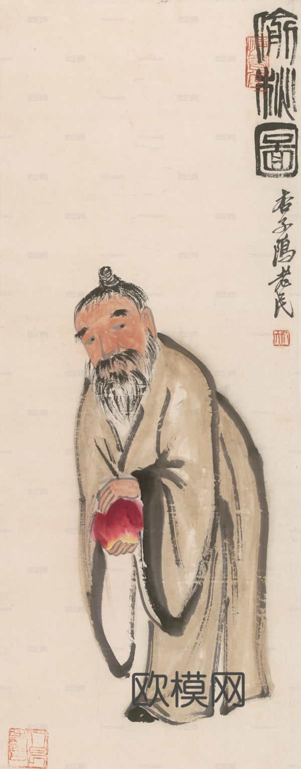 齐白石写意水墨画，近现代水墨画 偷桃图-N 41x109