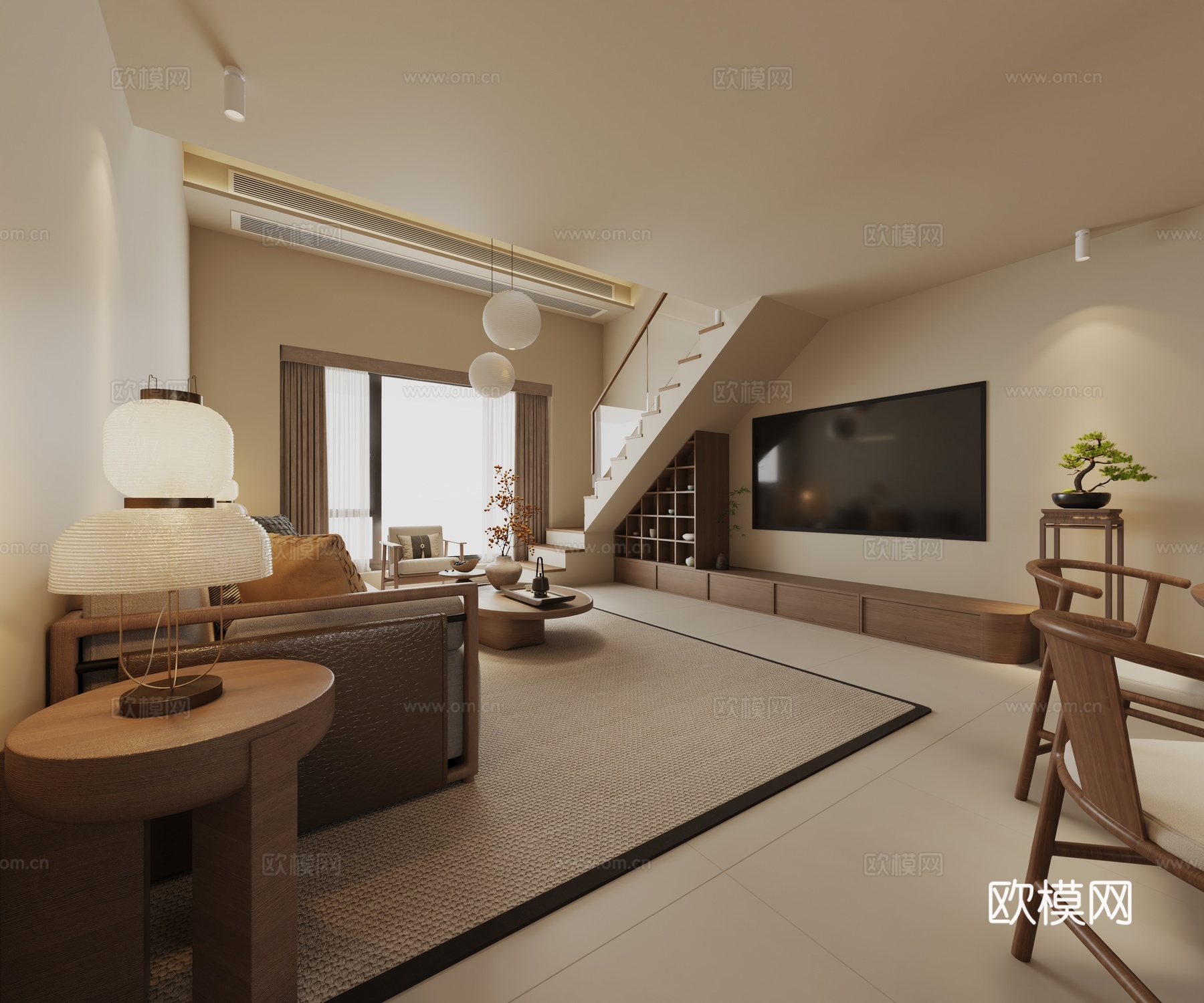 宋代美学客餐厅叠墅3d模型下载（渲染图1）