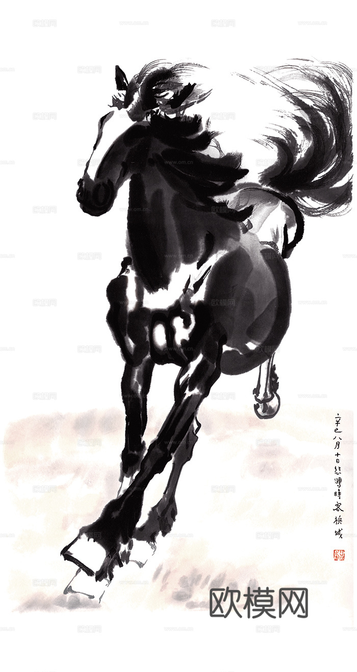 徐悲鸿水墨画，水墨花鸟动物画，近现代水墨画， 《平原奔马》