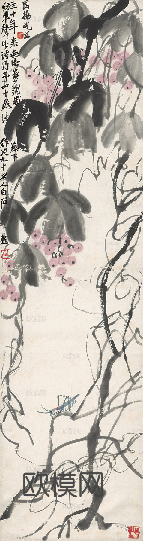 齐白石写意水墨画，近现代水墨画 葡萄藤萝 36x135