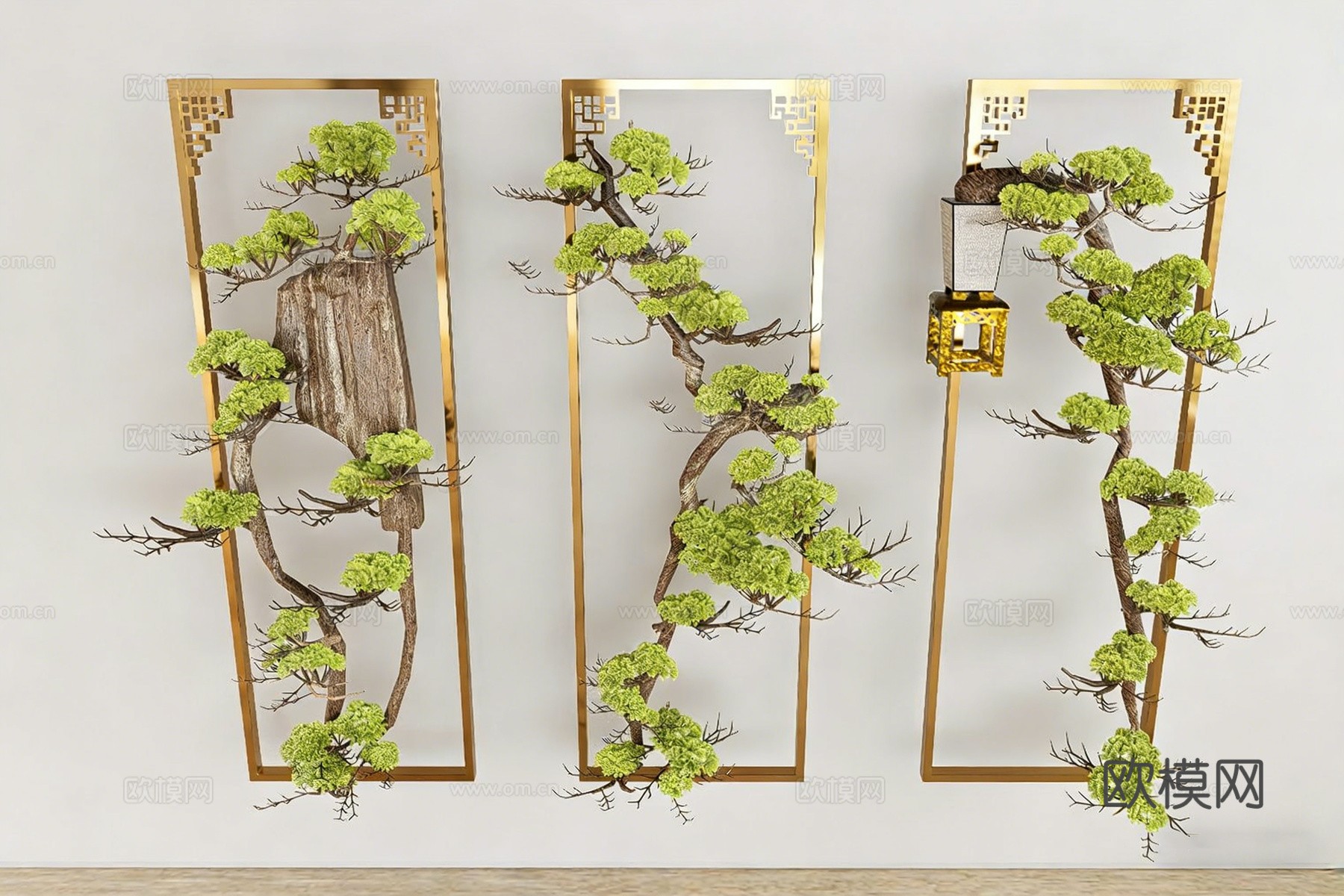 新中式禅意装饰画 金色金属画框 松树盆景 原创墙面艺术品su模型