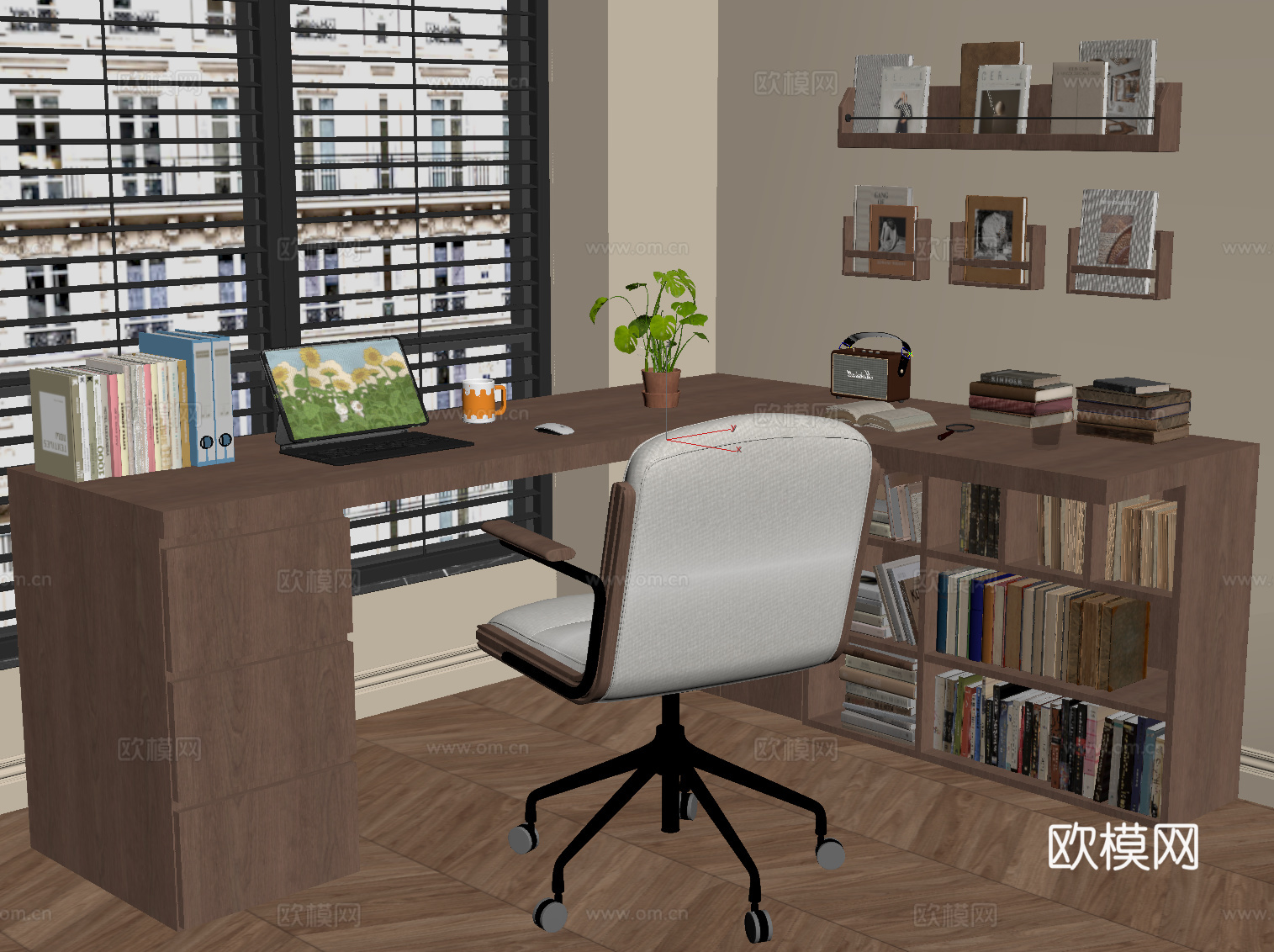 中古风书桌椅 书柜su模型