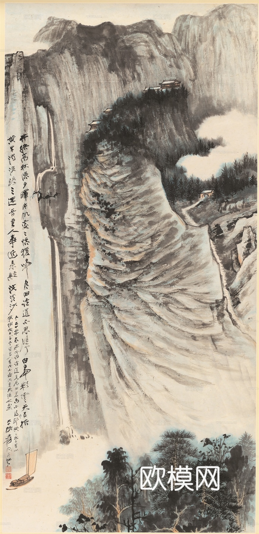 张大千绘画作品，中国近现代水墨画，写意水墨画山水图纸本