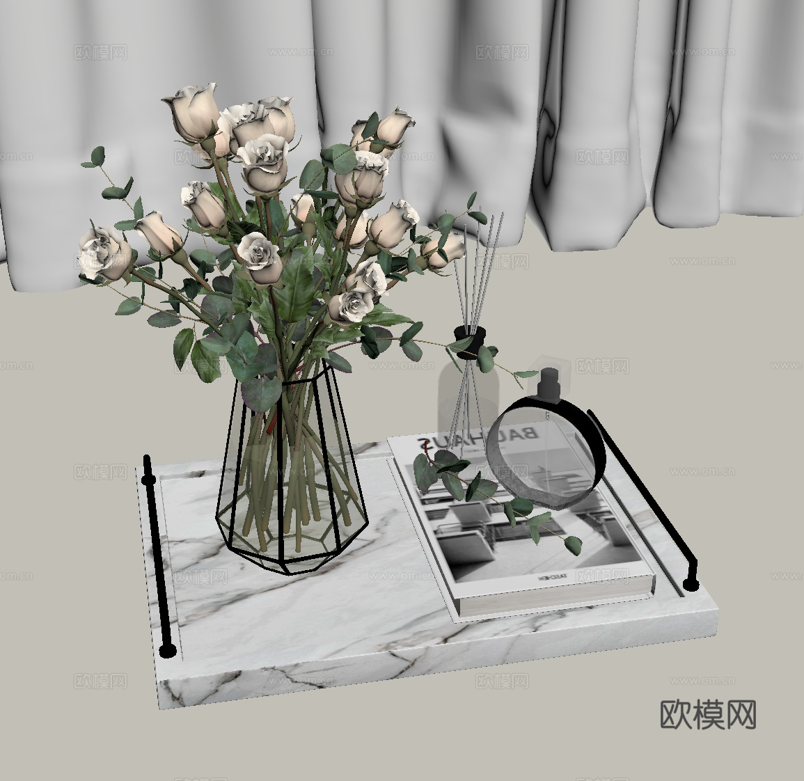 法式复古托盘 花艺 摆件su模型