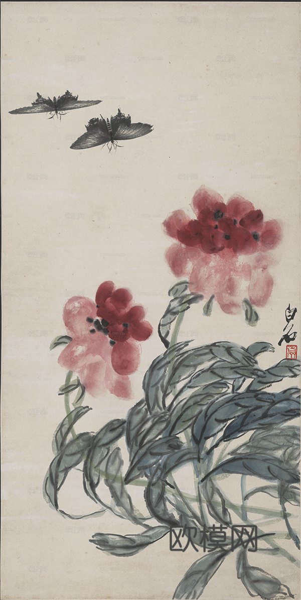 齐白石写意水墨画，近现代水墨画-红花双蝶图 34X68