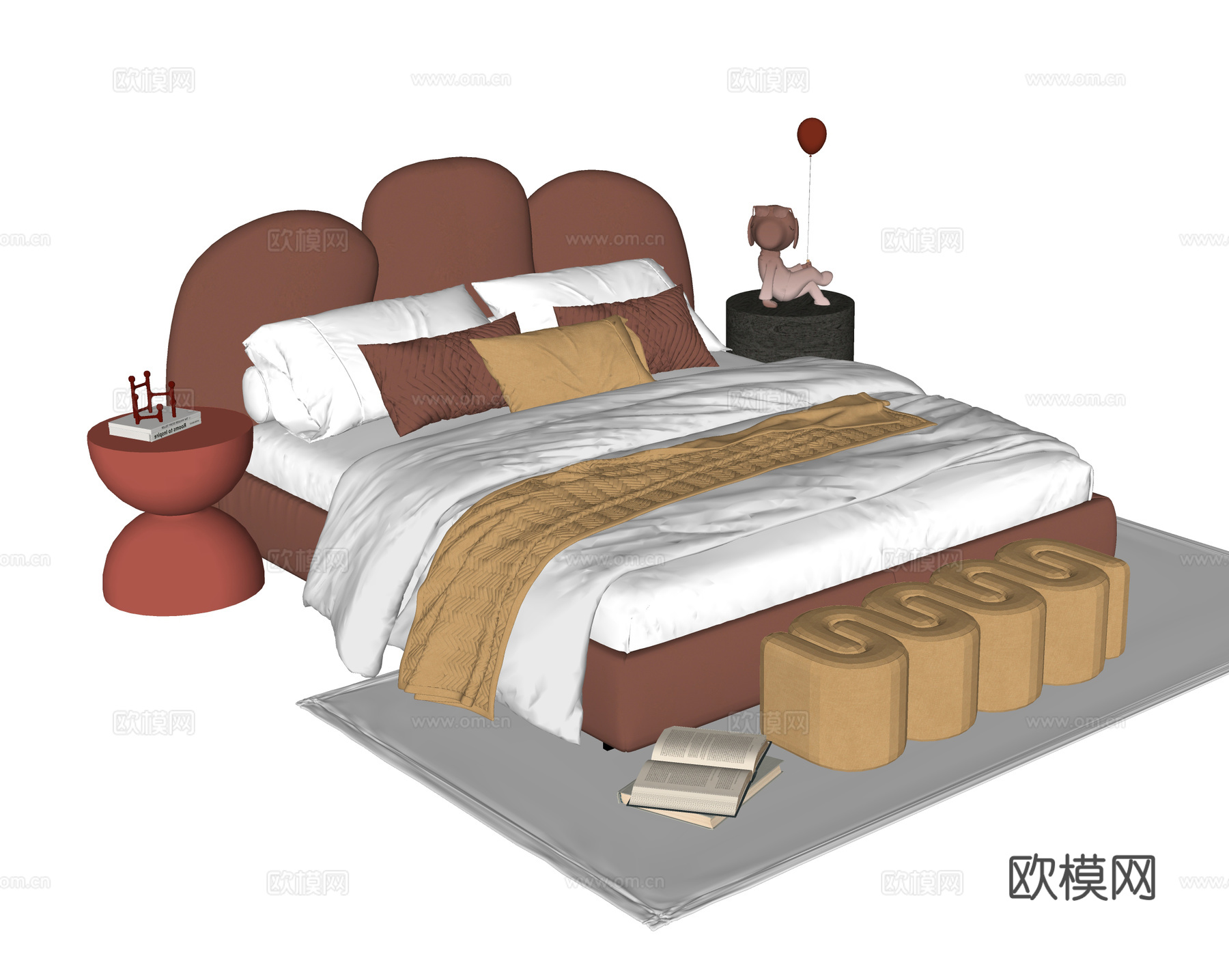 现代儿童床 床尾凳 床头柜su模型