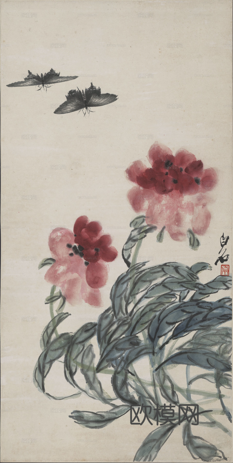 齐白石写意水墨画，近现代水墨画-红花双蝶图