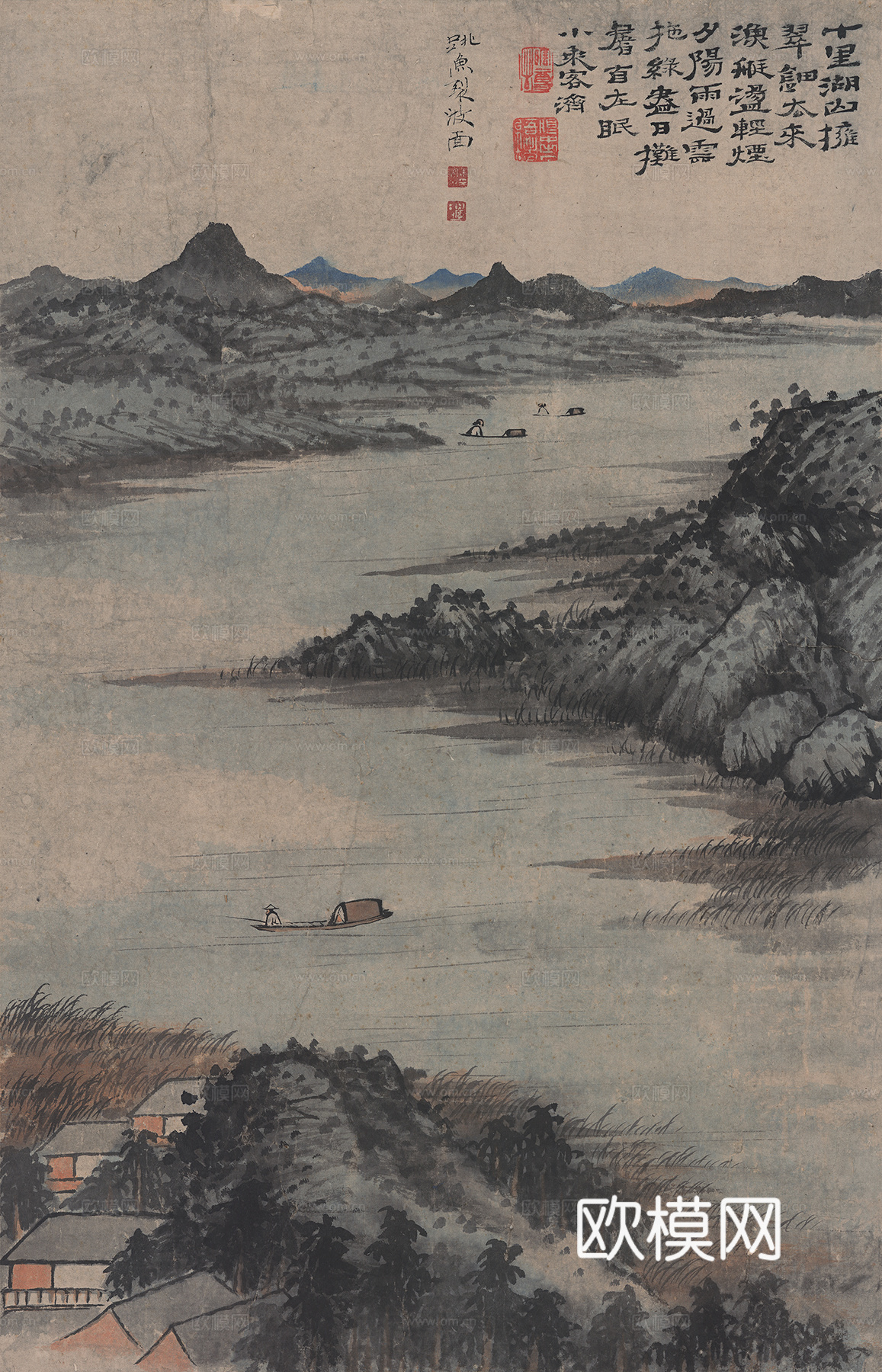 张大千绘画作品，中国近现代水墨画，写意水墨画跳鱼裂波面