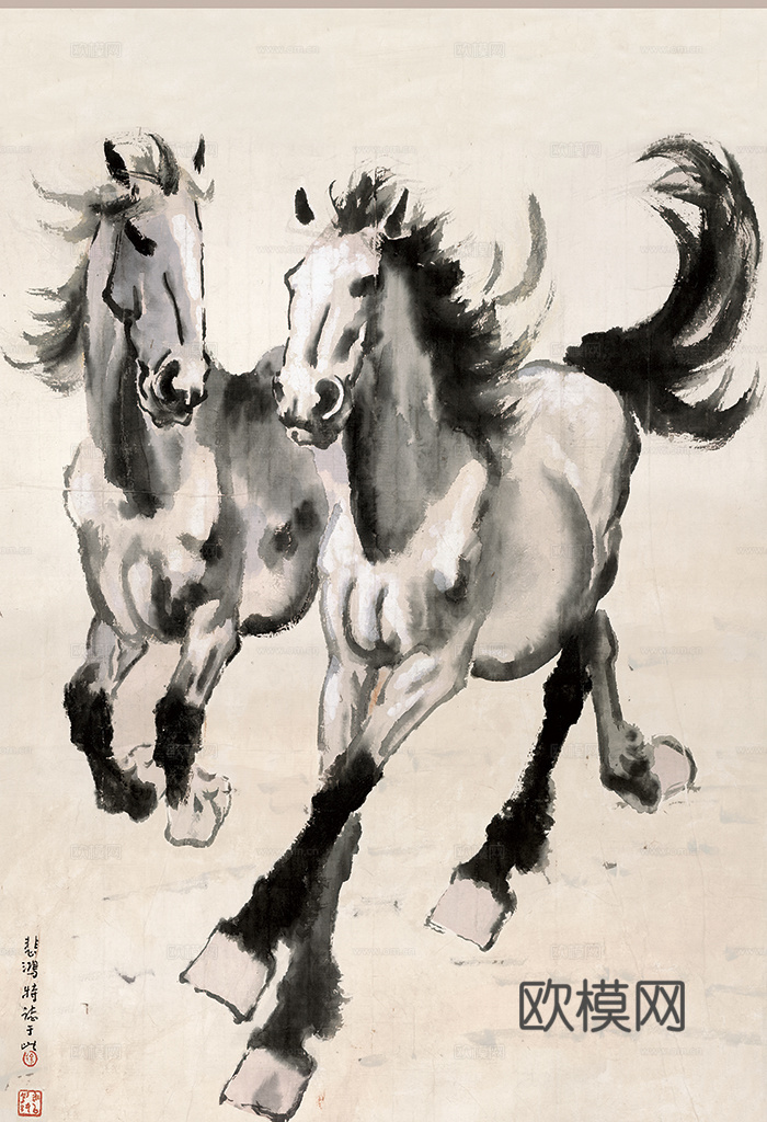 徐悲鸿水墨画，水墨花鸟动物画，近现代水墨画， 奔马图 38.