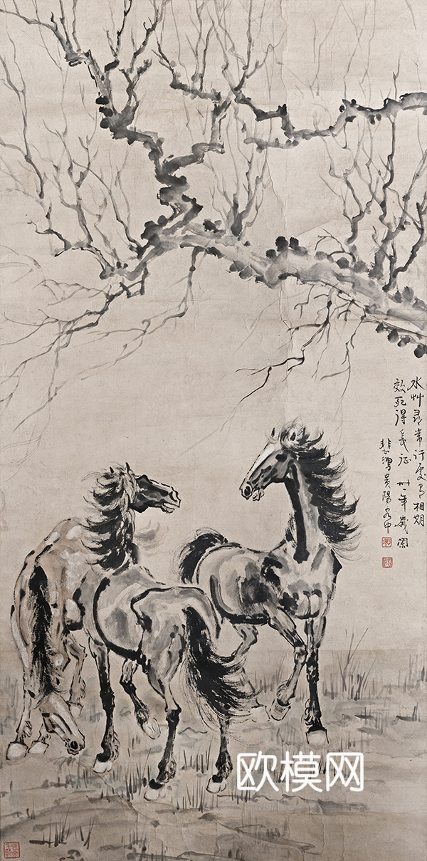 徐悲鸿水墨画，水墨花鸟动物画，近现代水墨画， 三骏图133×