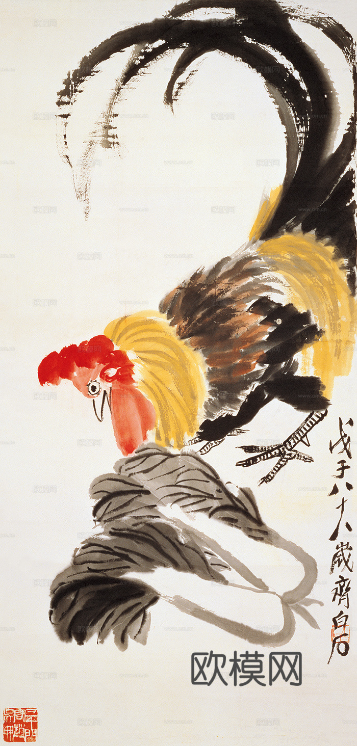 齐白石写意水墨画，近现代水墨画 公鸡大白菜 50x105