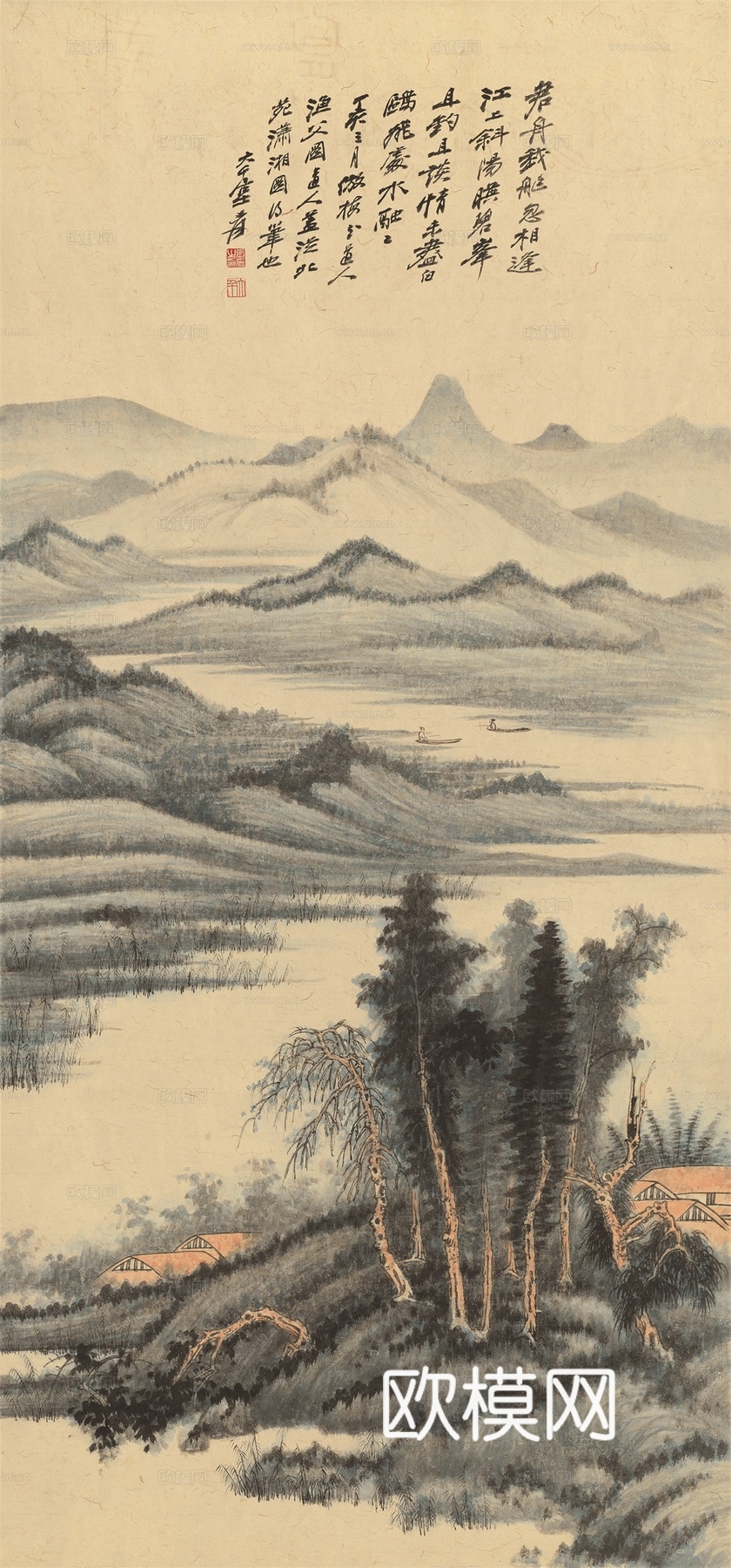 张大千绘画作品，中国近现代水墨画，写意水墨画渔父图纸本