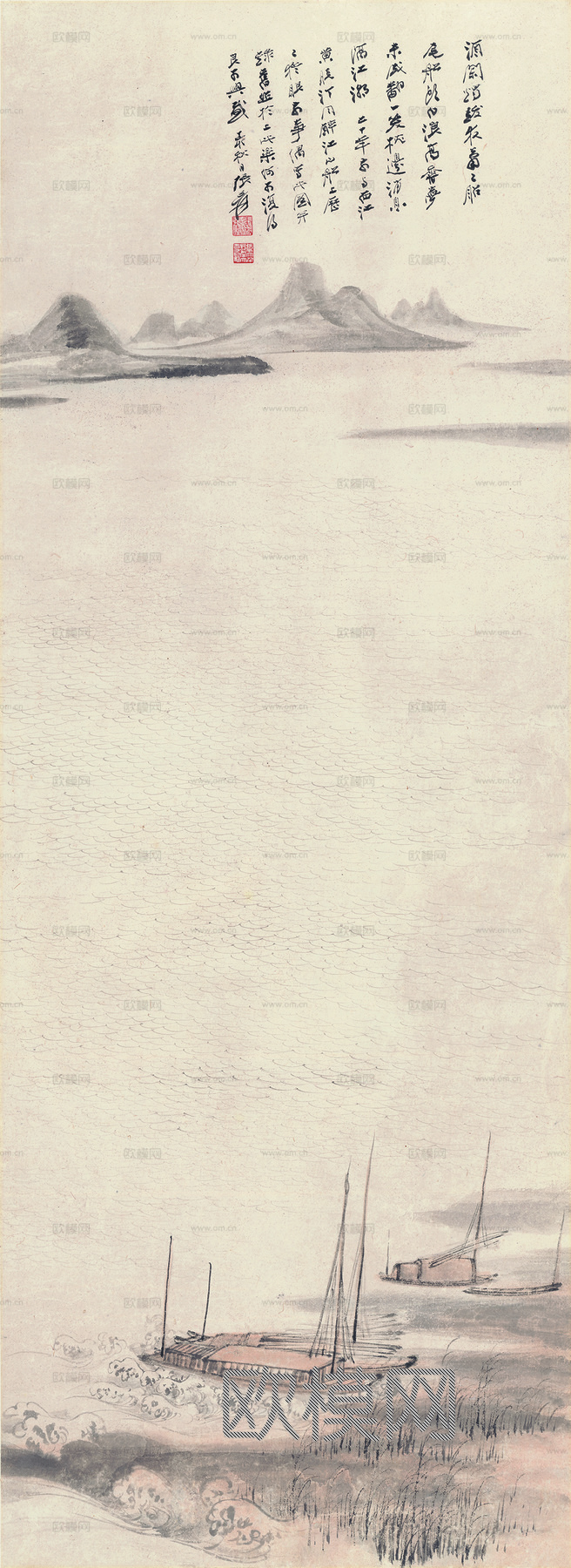 张大千绘画作品，中国近现代水墨画，写意水墨画钱江画舸纸本