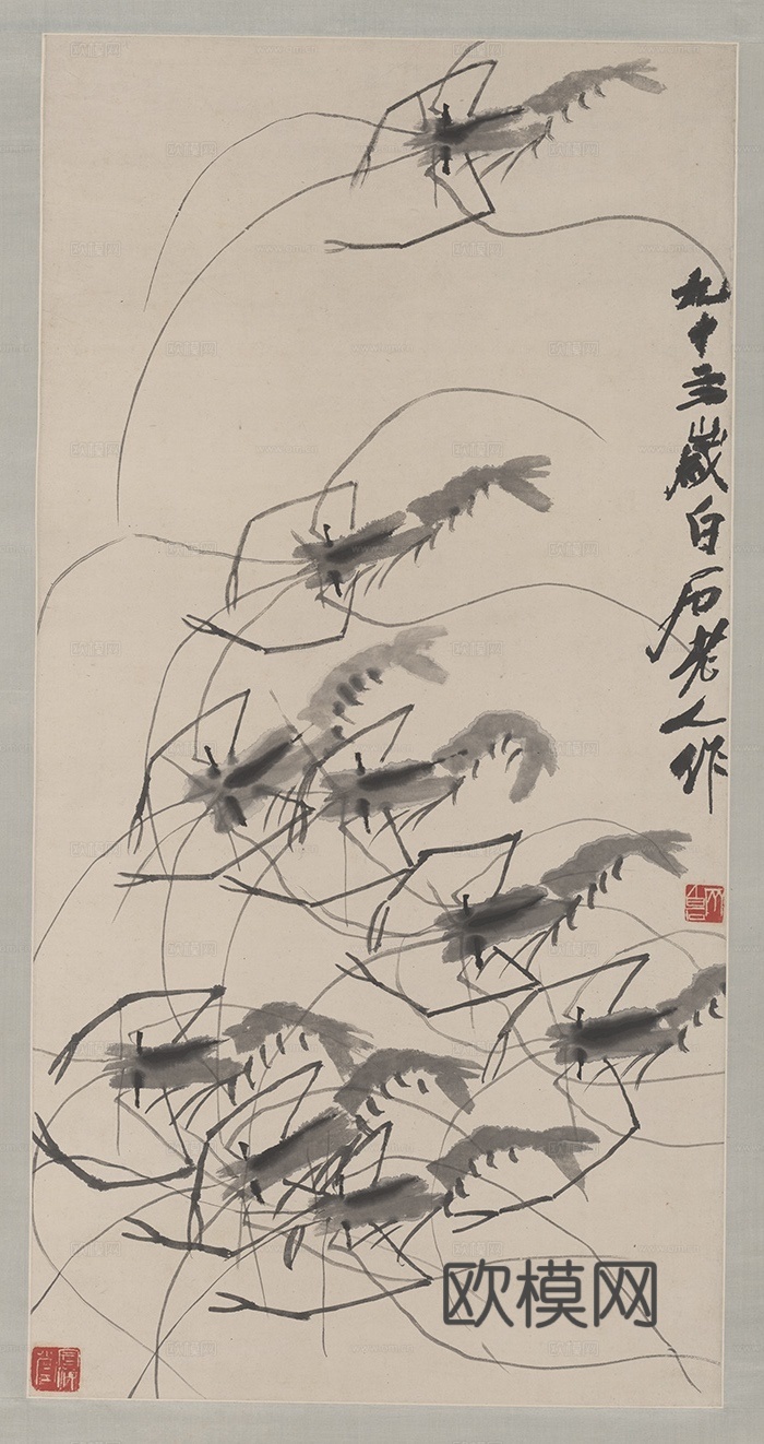 齐白石写意水墨画，近现代水墨画 群虾图