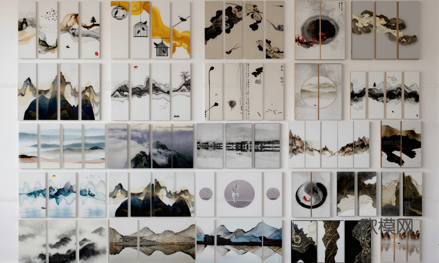 新中式山水挂画装饰画 禅意挂画 三联幅 四联幅 横幅挂画 玄su模型