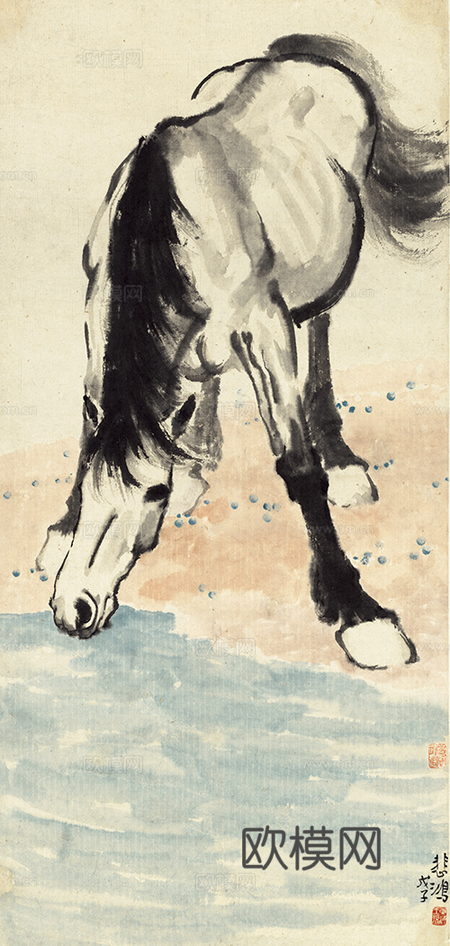 徐悲鸿水墨画，水墨花鸟动物画，近现代水墨画， 饮马图 清晰度