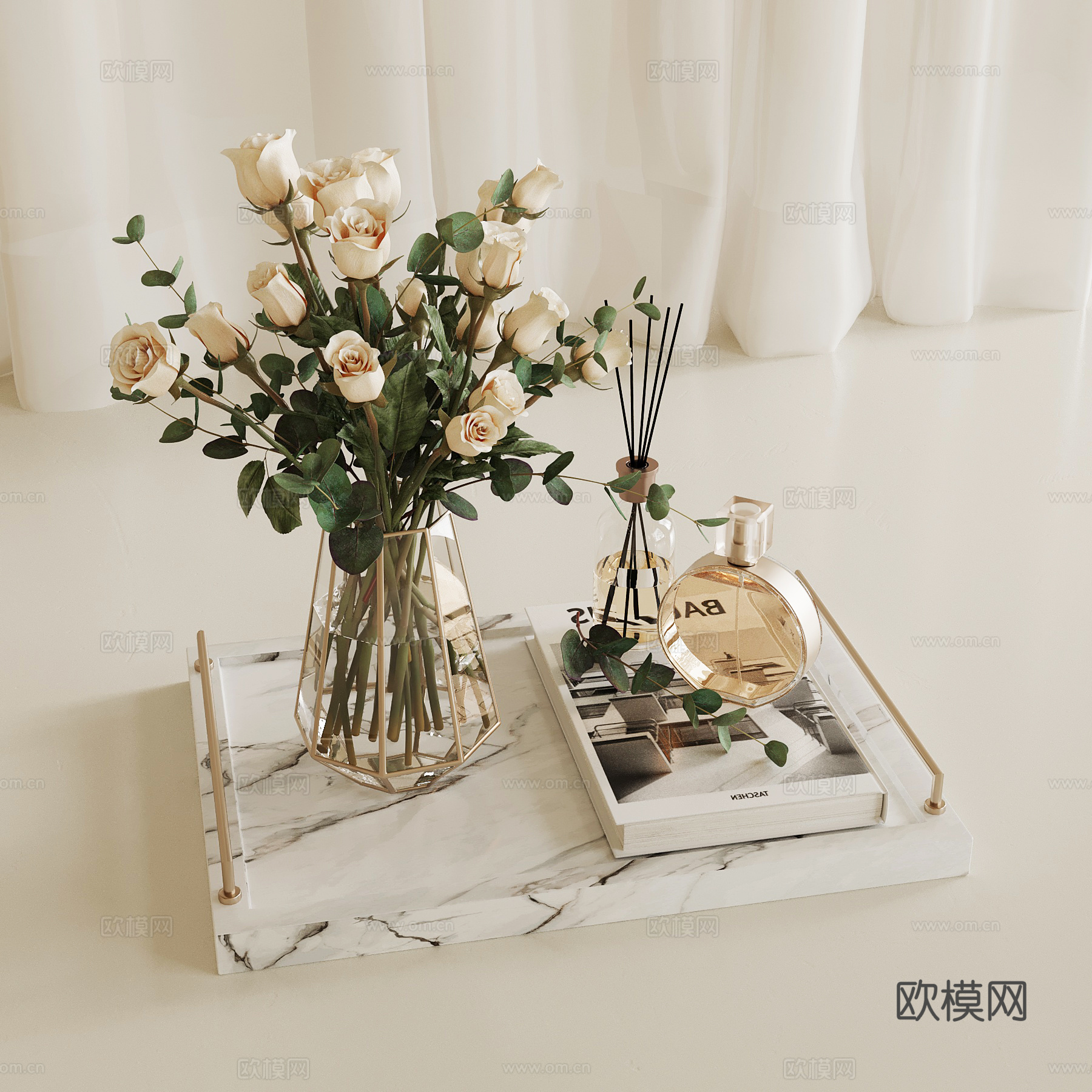 法式复古托盘 花艺 摆件su模型