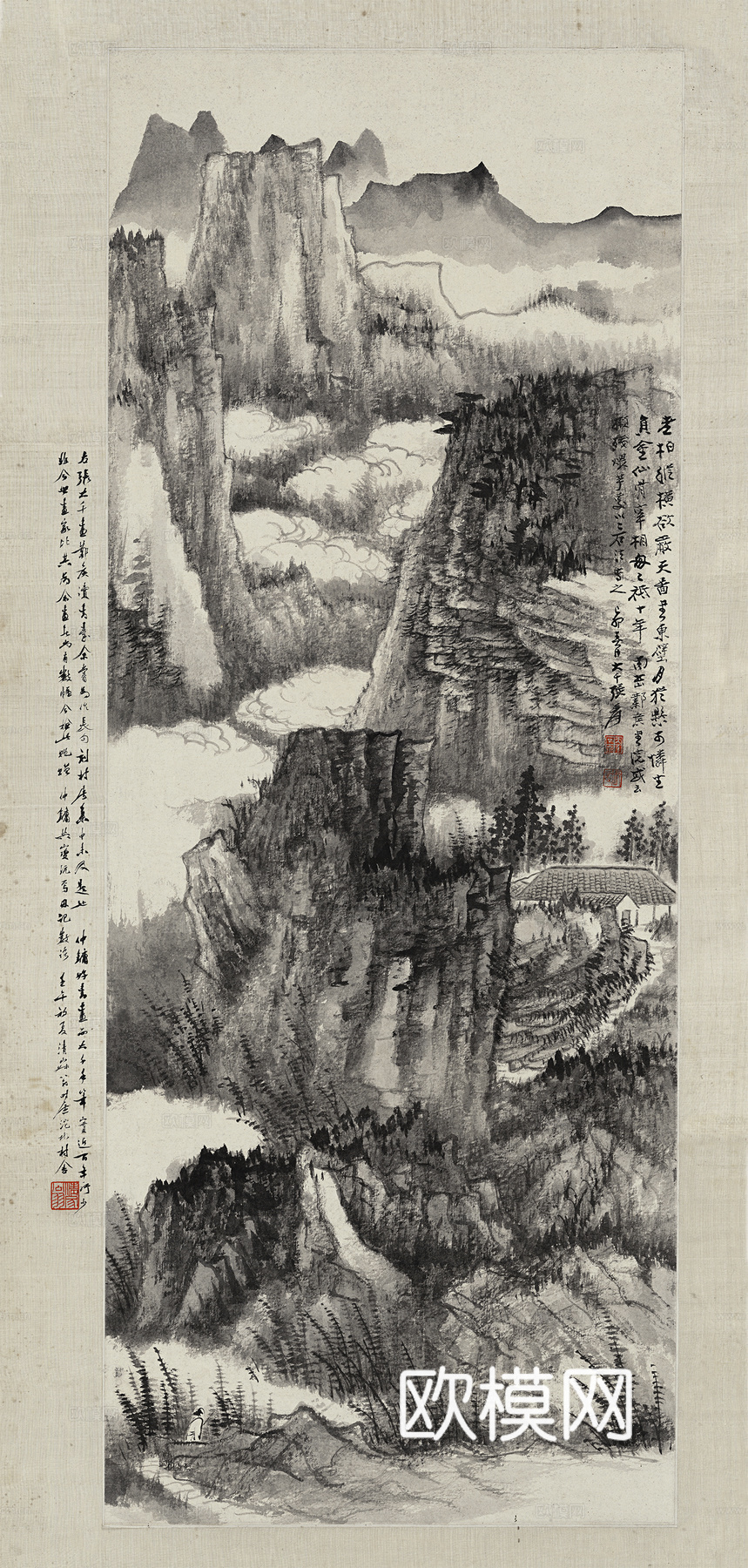 张大千绘画作品，中国近现代水墨画，写意水墨画邺侯读书台图
