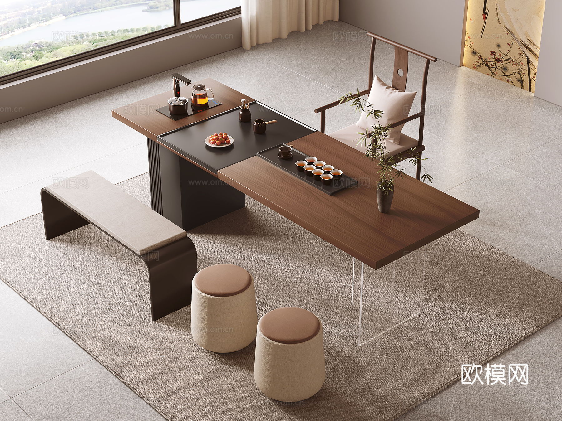 新中式茶桌椅su模型