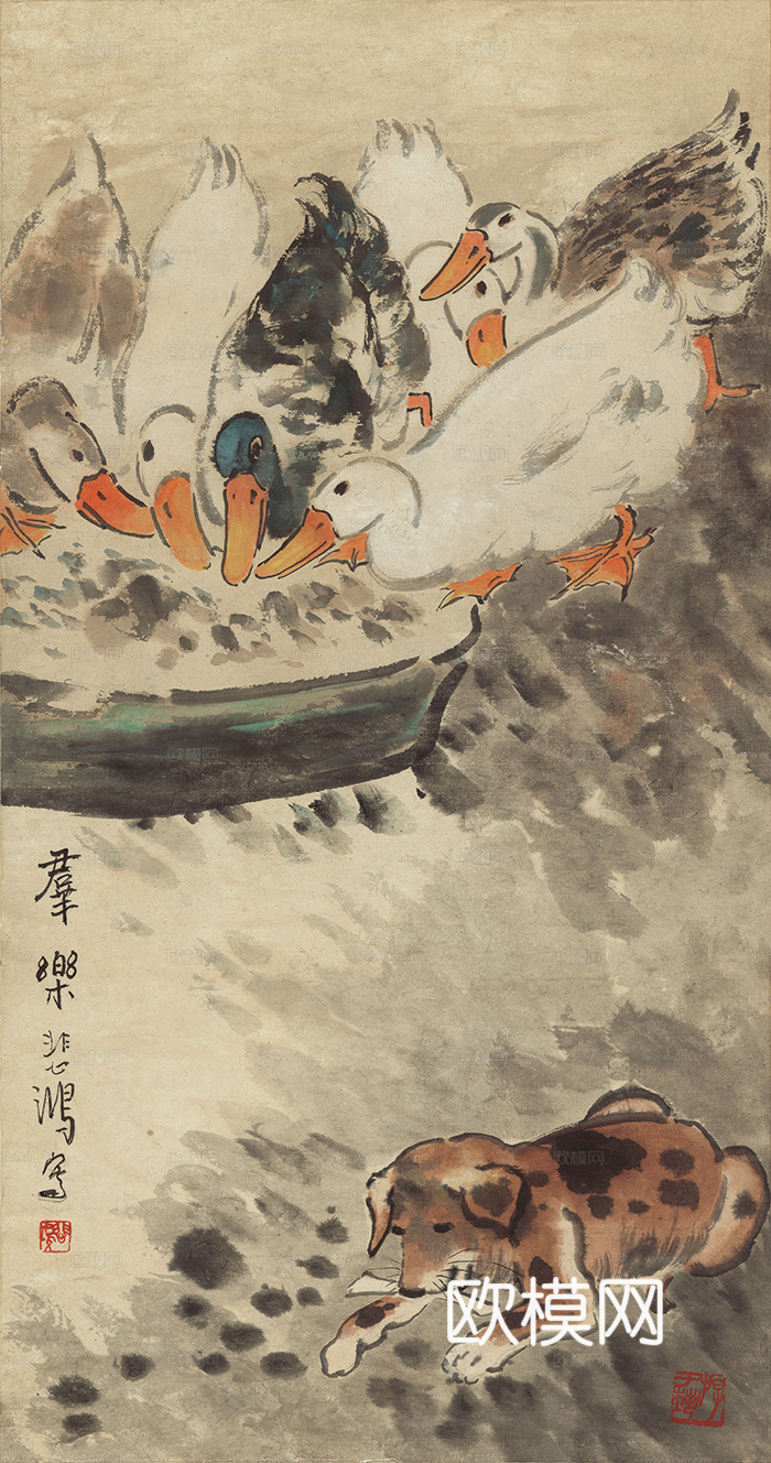 徐悲鸿水墨画，水墨花鸟动物画，近现代水墨画， 群乐图 纸本4