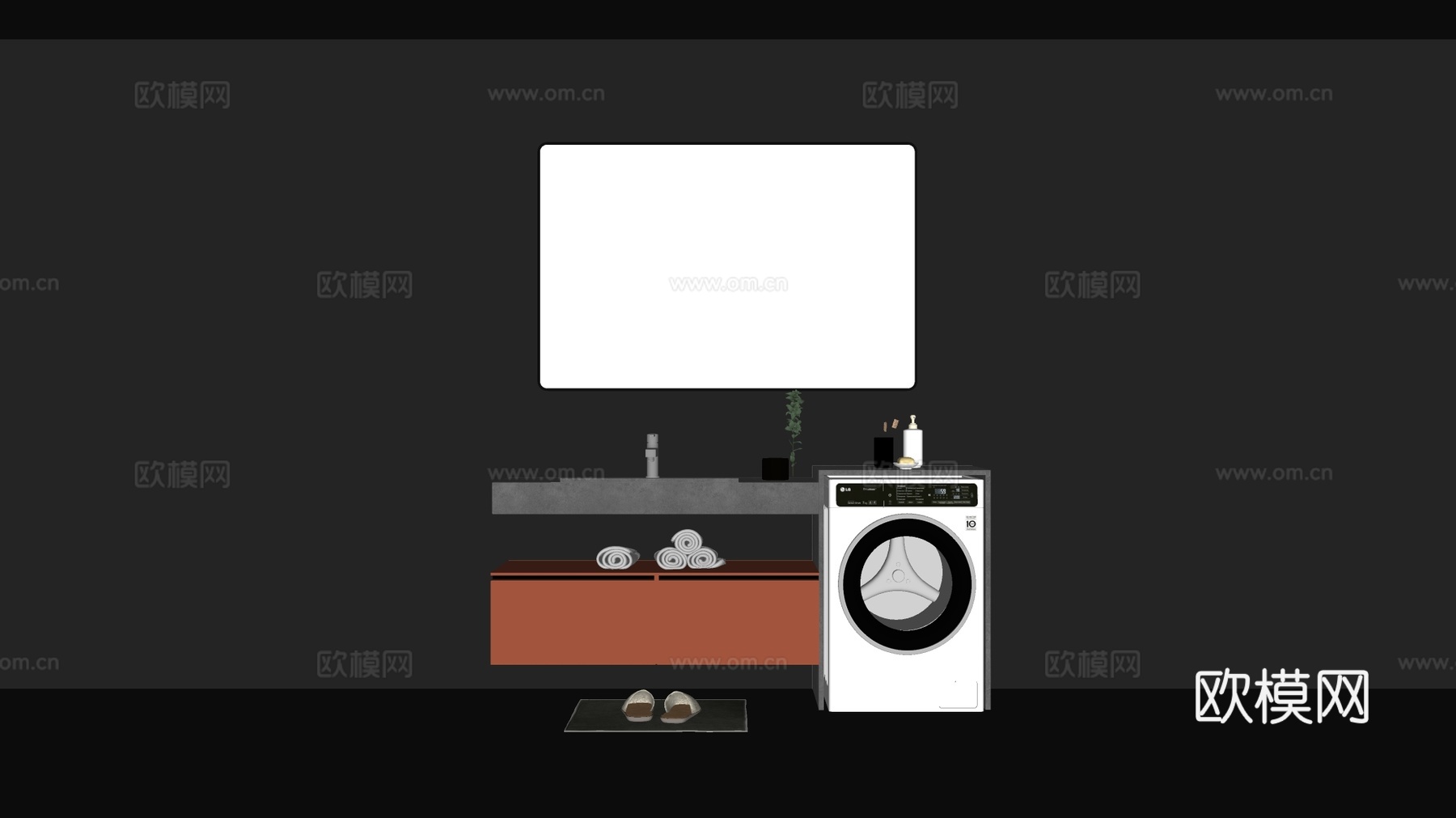 现代简约卫生间 橙色悬浮浴室柜 洗衣机收纳su模型