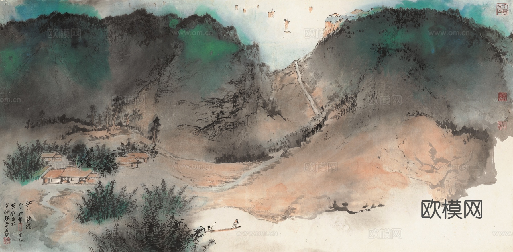 张大千绘画作品，中国近现代水墨画，写意水墨画江村晚归纸本