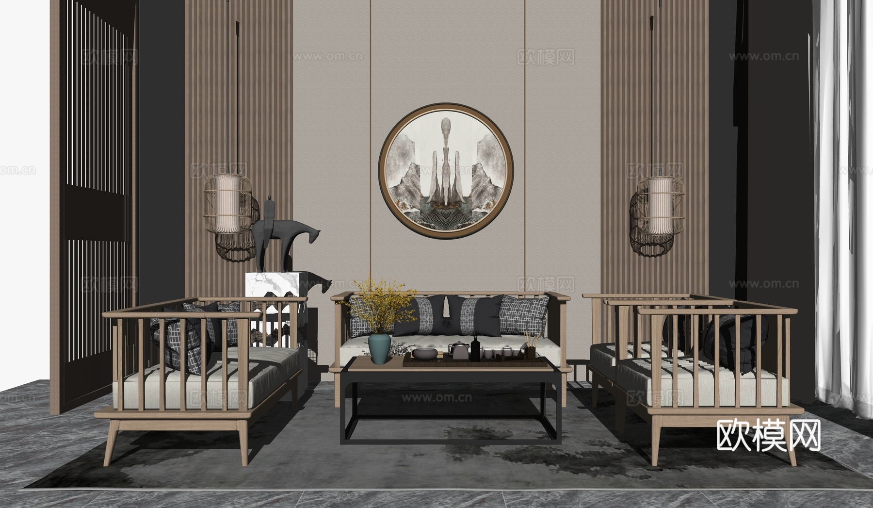 新中式组合沙发茶几茶具背景墙客厅su模型