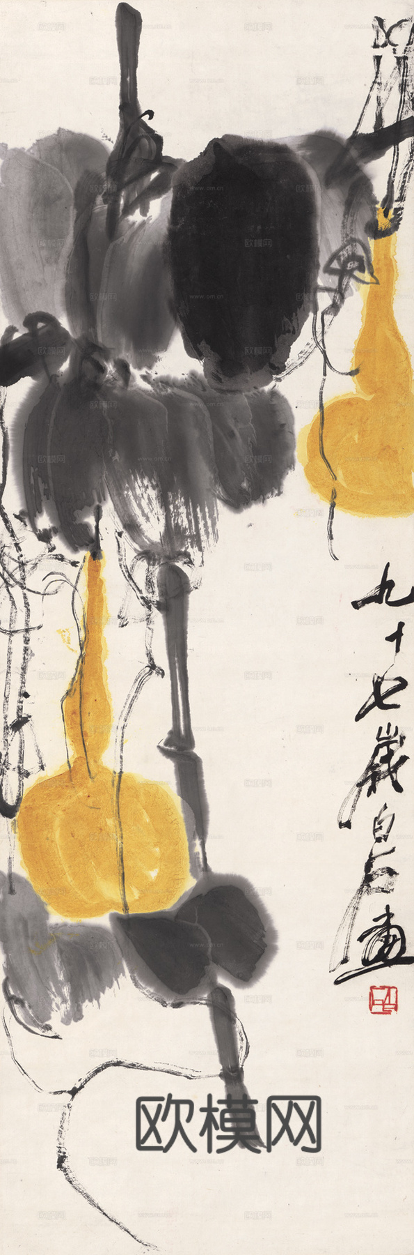 齐白石写意水墨画，近现代水墨画 设色葫芦-ok 35X105