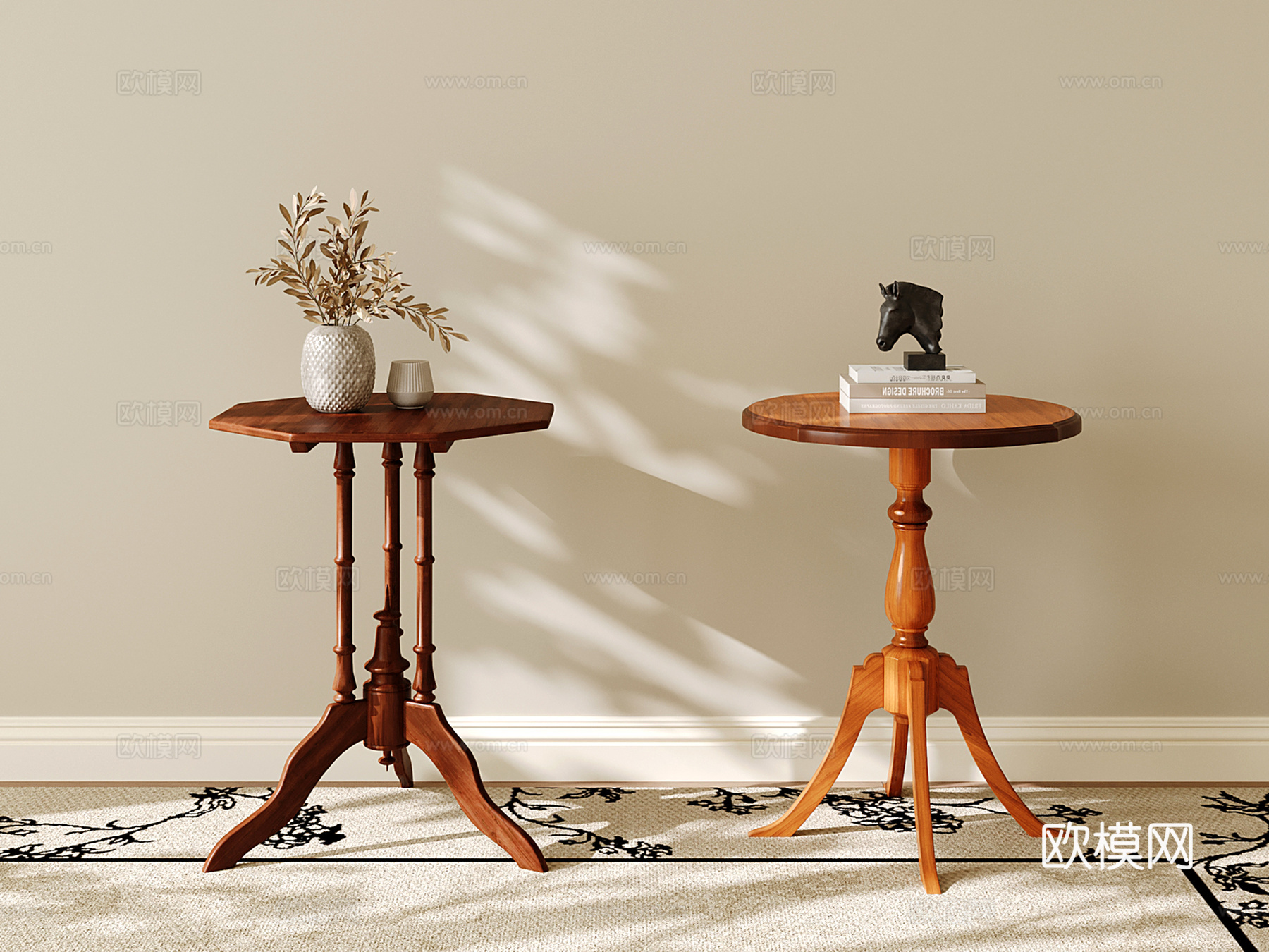 复古实木边几 法式小圆几角几 沙发边几 小茶几su模型