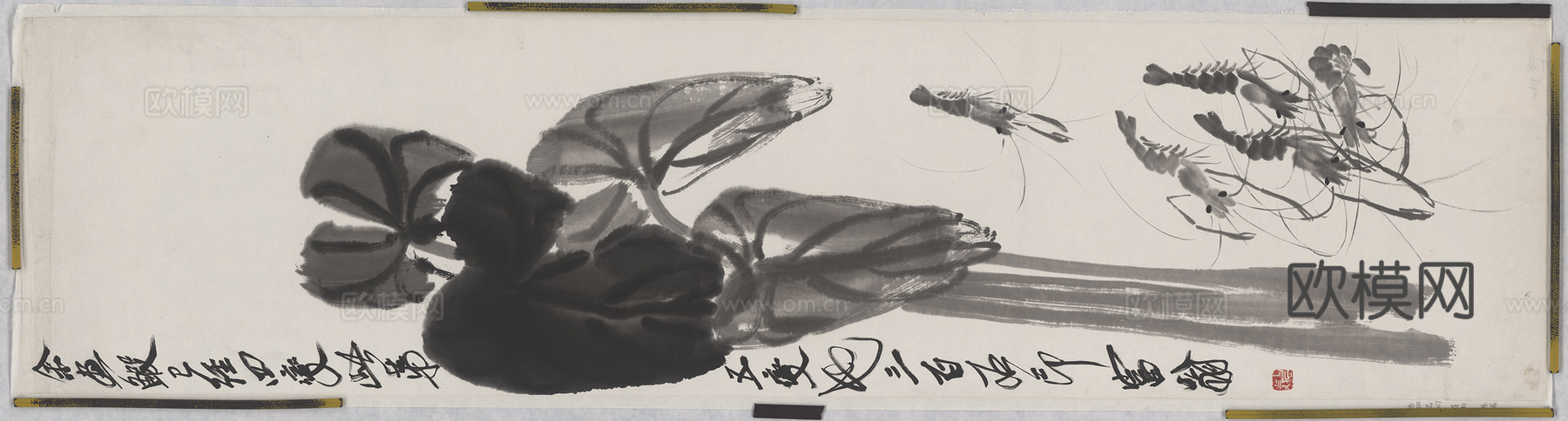 齐白石写意水墨画，近现代水墨画 荷虾图