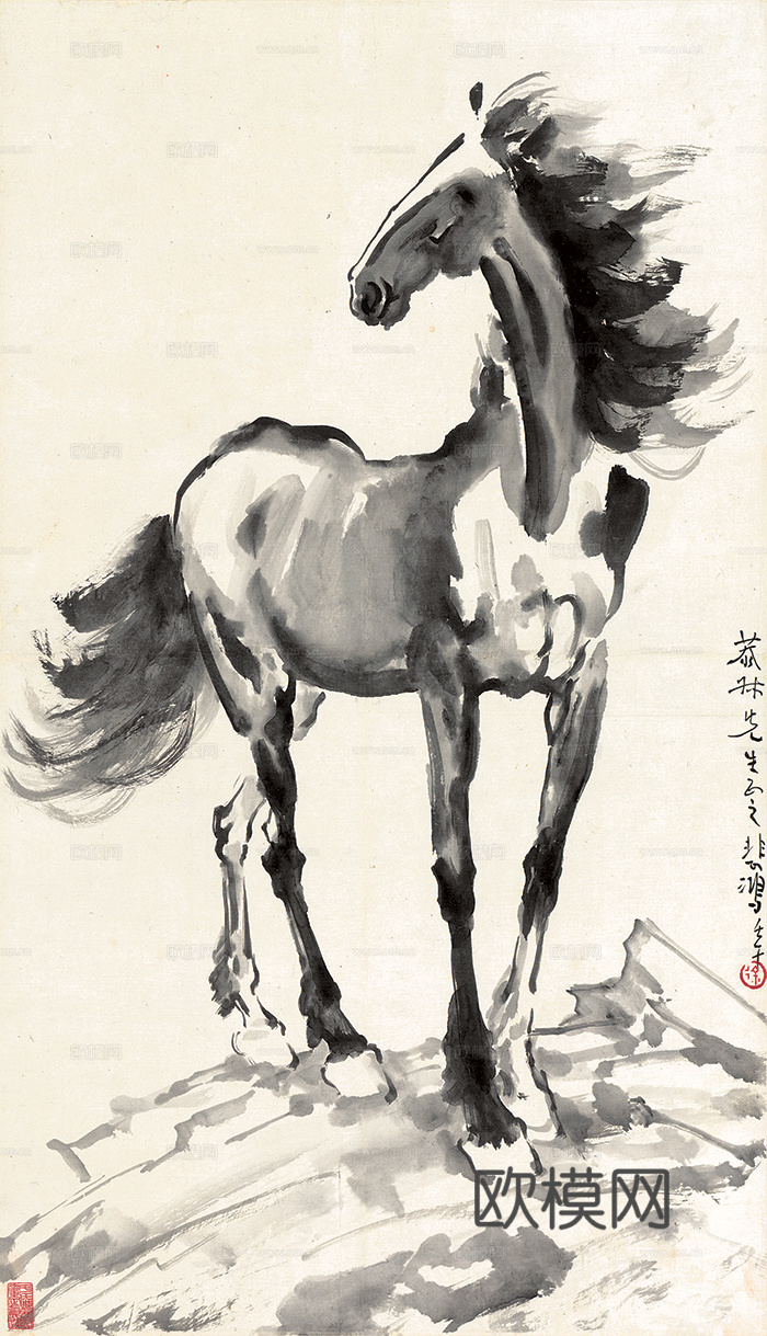 徐悲鸿水墨画，水墨花鸟动物画，近现代水墨画， 立马-65x3