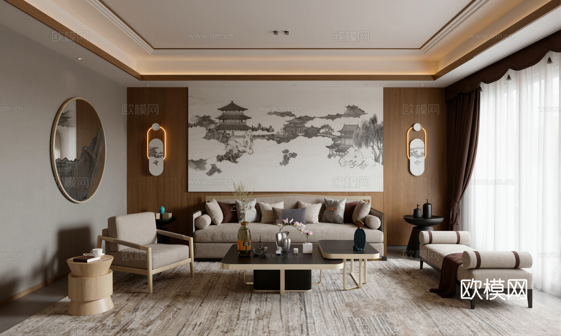 新中式客厅沙发茶几组合su模型