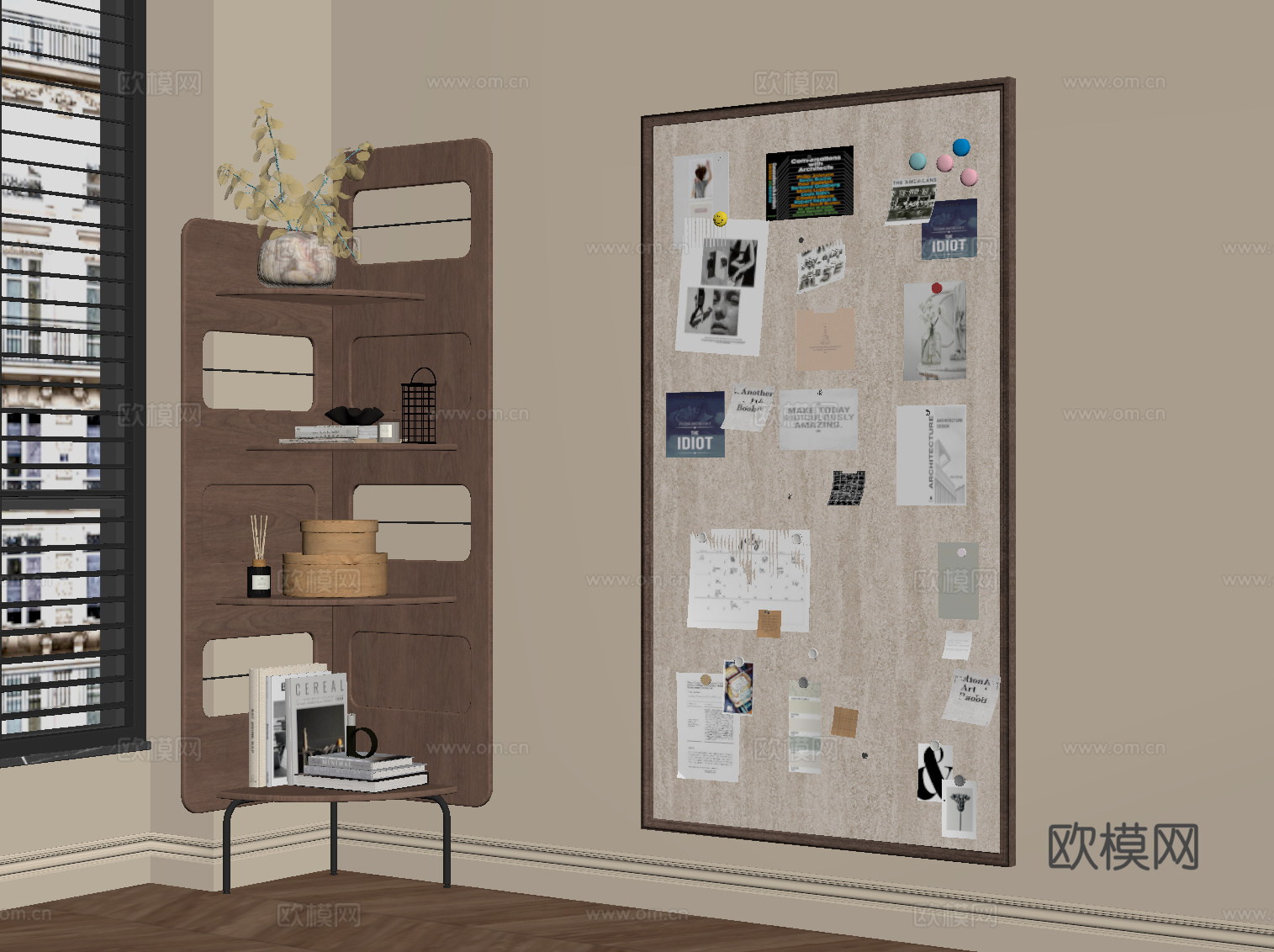 中古风置物架 书架 洞洞板su模型