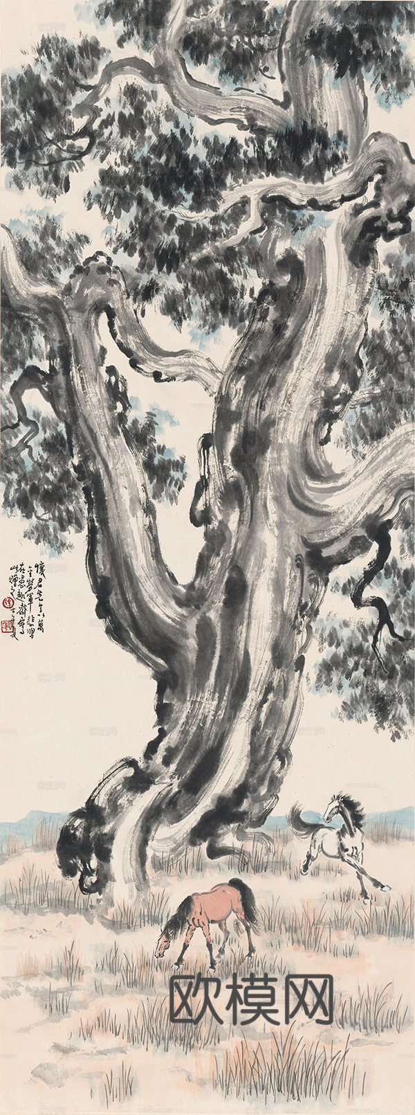 徐悲鸿水墨画，水墨花鸟动物画，近现代水墨画， 柏树双马图轴1