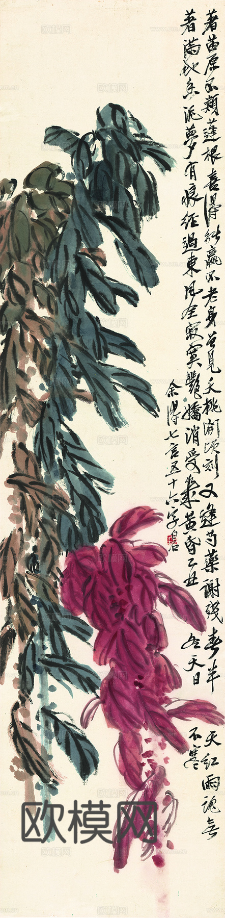 齐白石写意水墨画，近现代水墨画-老少年图 修 33x135