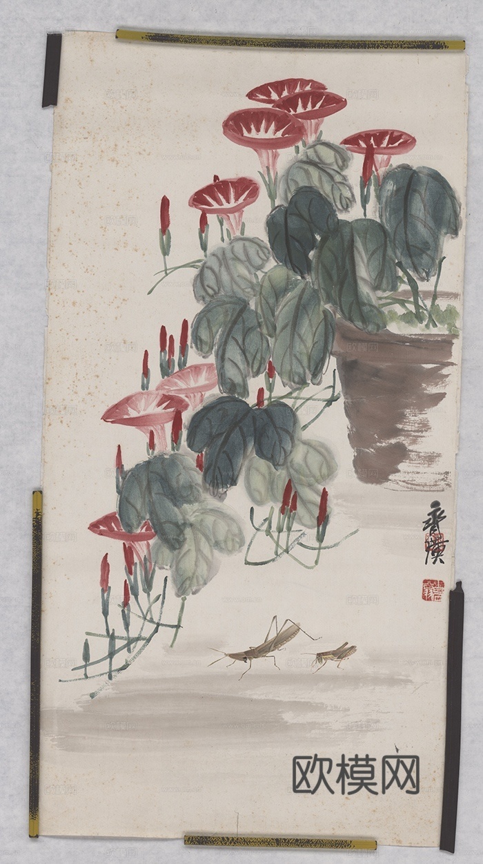 齐白石写意水墨画，近现代水墨画 牵牛花蚂蚱