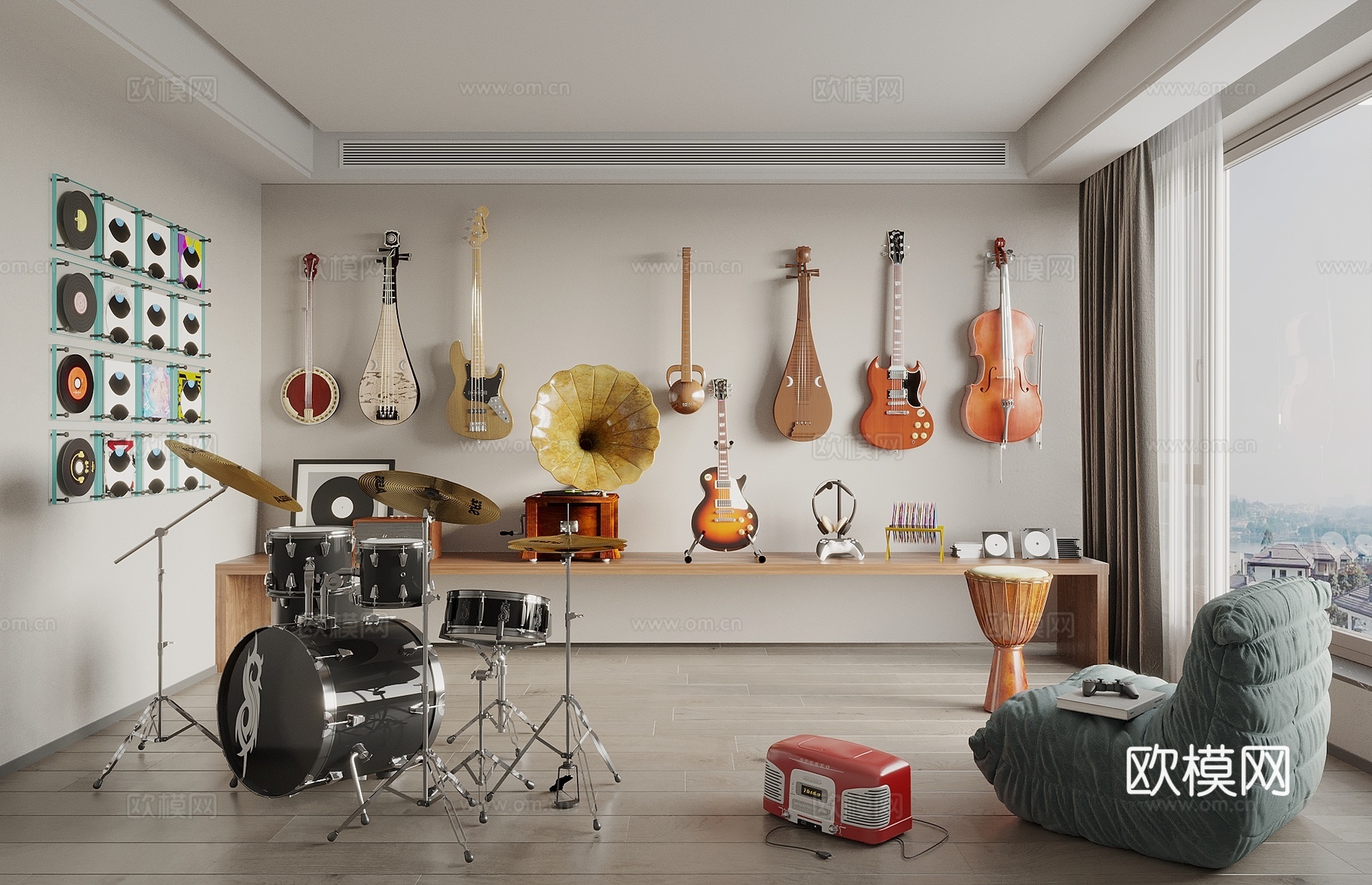 复古现代乐器 古筝 吉他 打鼓 琵琶 架子鼓 乐器室3d模型下载