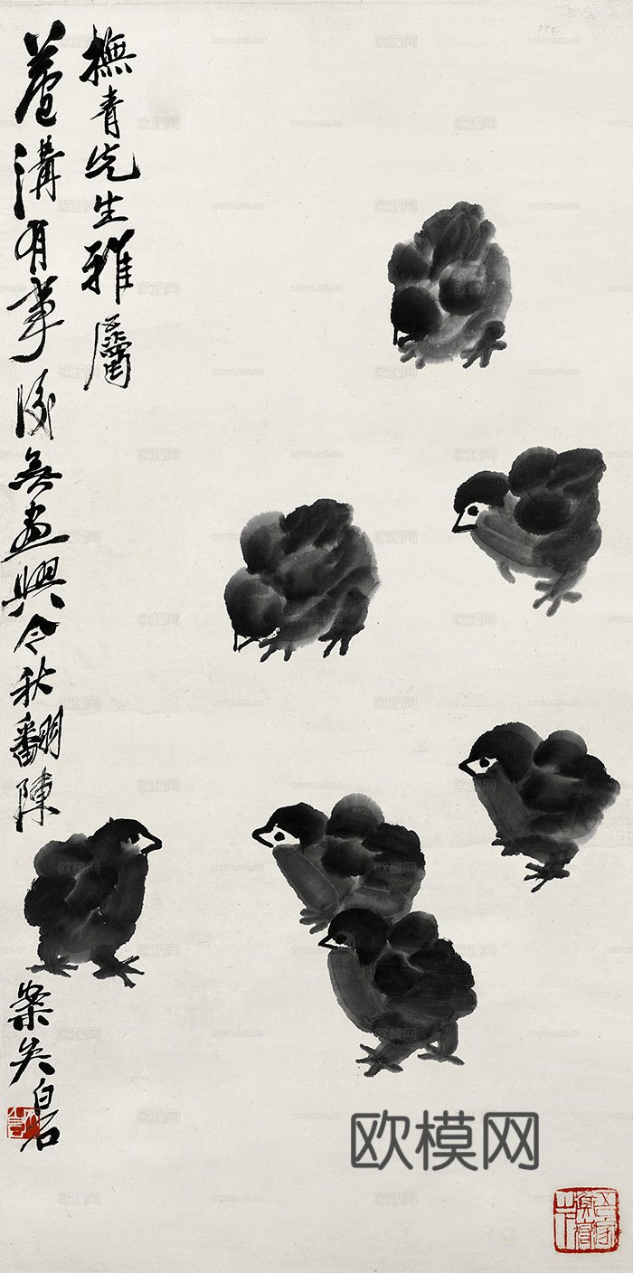 齐白石写意水墨画，近现代水墨画 七鸡图34x68