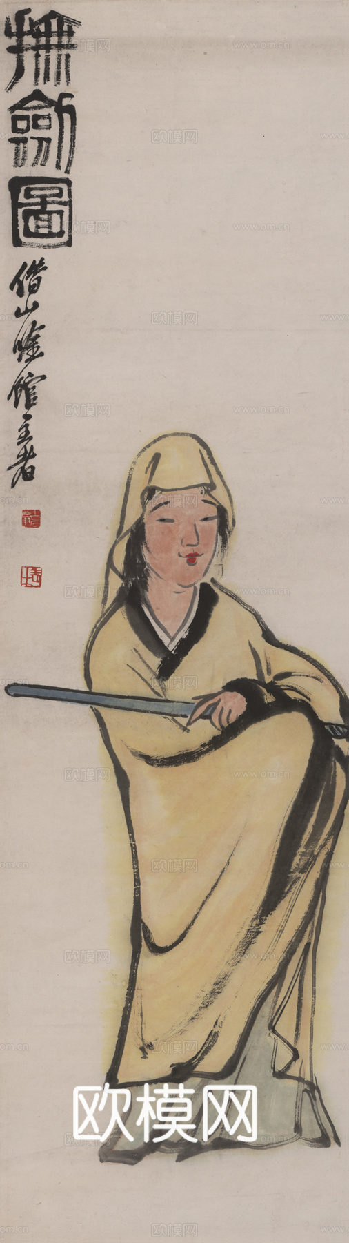 齐白石写意水墨画，近现代水墨画 抚剑图-N 39X120