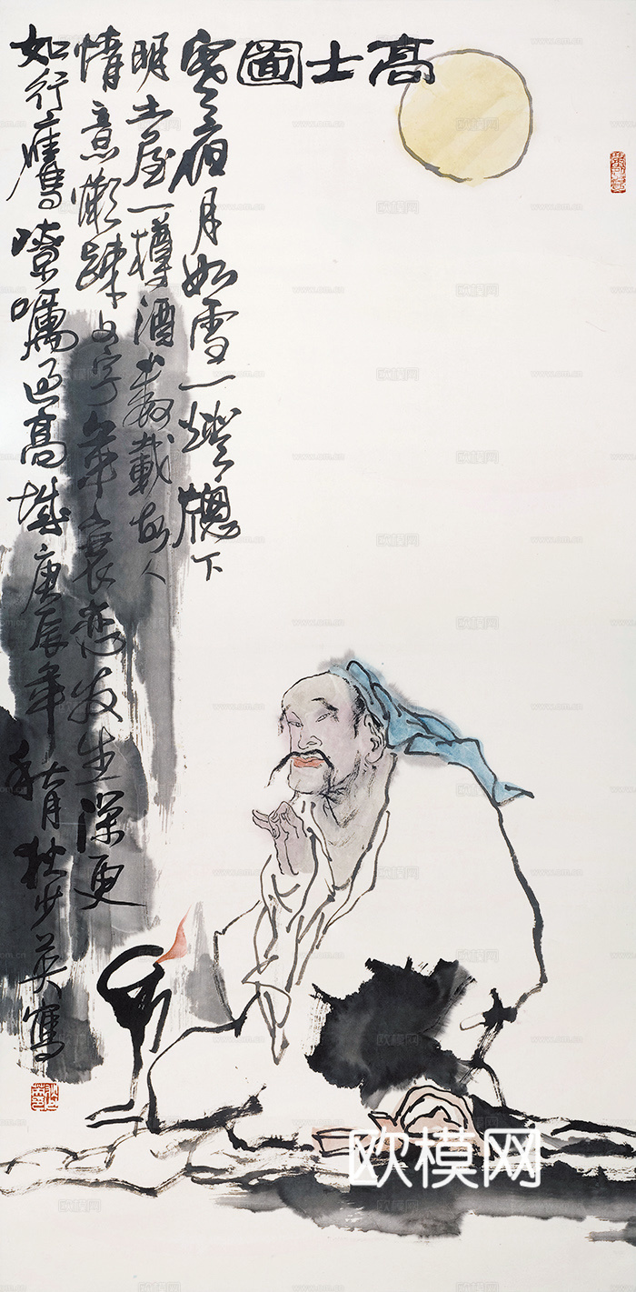 齐白石写意水墨画，近现代水墨画 高士图 30x61