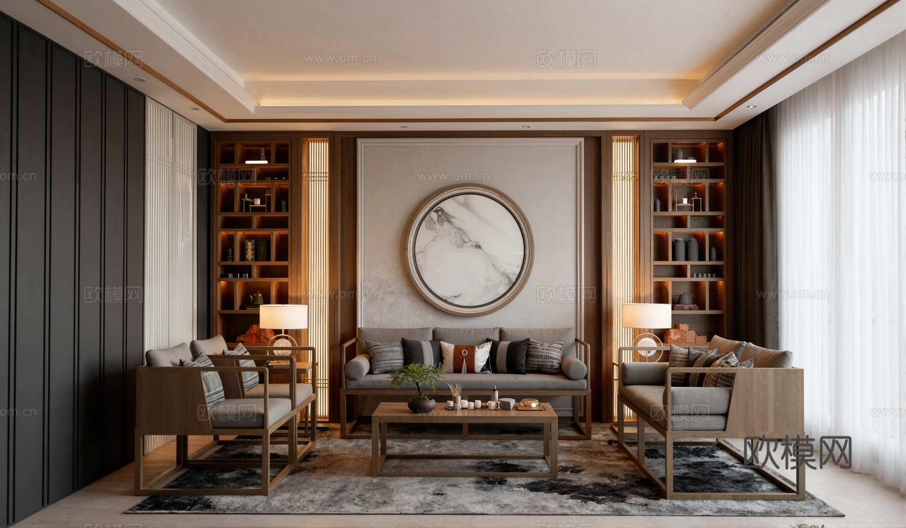 新中式客厅沙发茶几组合su模型